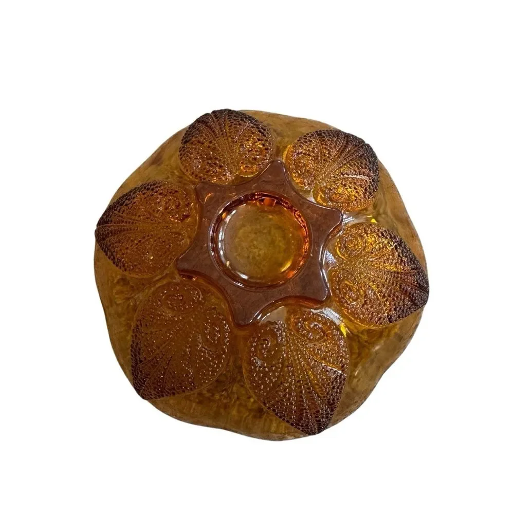 Anchor Hocking Dish Bowl Amber Glass Renaissance Flower Pattern Beaded 6.5